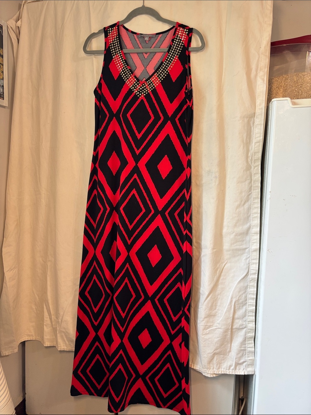 NY collection Red & Black Geometric Maxi Dress with Embellished V-Neck